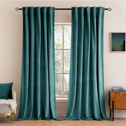 Image of MIULEE Teal Velvet Curtains 52x84 inches 2 Panels Luxury Blackout Curtains | Thermal Insulated, Super Soft Window Drapes for Bedroom Living Room, Rod Pocket & Back Tab