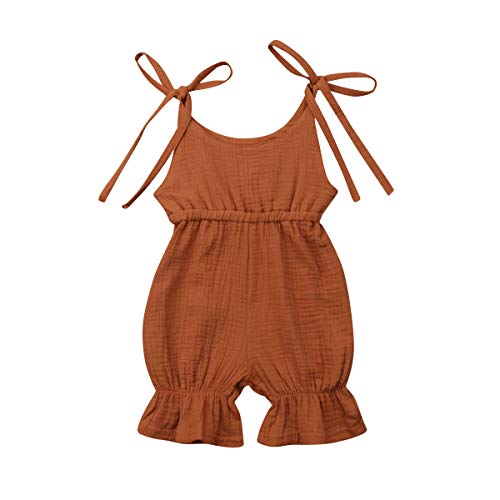 Toddler Baby Girl Cotton Linen Romper Solid Sleeveless Ruffle Short Pants Jumpsuit Overall Outfit Clothes (C-Brown,12-18 Months)