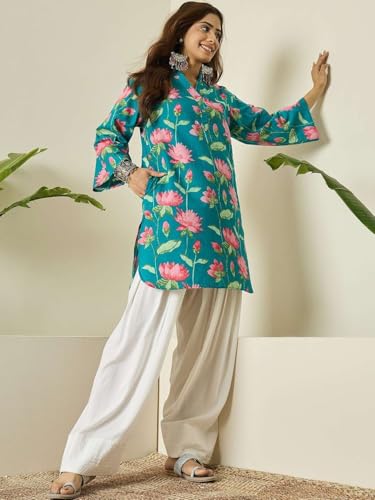 Image of Shiva Shakti Enterprisess Women's Cotton floral printed straight comfort fit kurti with Farshi Salwar perfect for everyday (Blue With Pink-M)