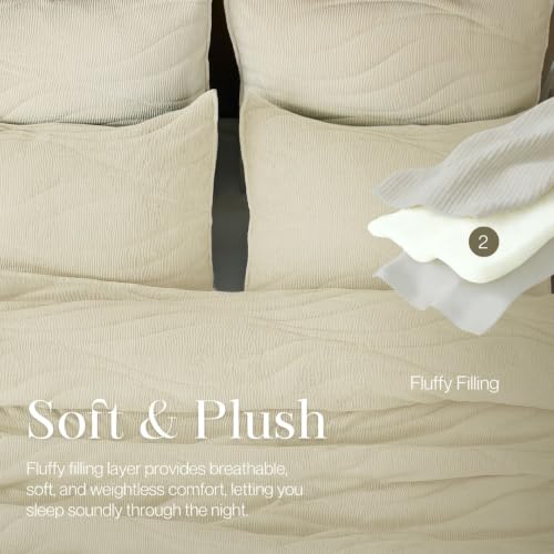 Image of DOWN HOME Crinkle Textured Velvet Quilt Set with Shams, All-Season Luxury Modern Bedding,Easy Care Comforter,Ultra-Soft,Lightweight & Breathable, Cali King, Ivory White