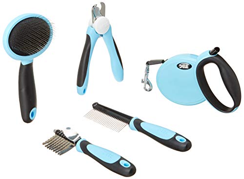 DELE Pet Dog Cat Grooming Tools Kit 5 in 1 Box Set, Pin Comb, Nail Clipper, Slicker Brush, Dematting Comb with 3M Retractable Dog Leash for Medium/Small Pet Dogs Puppies Cats Gift (Blue)