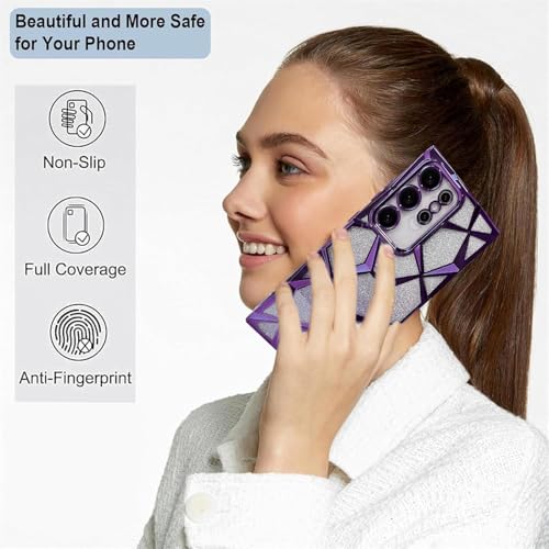 Image of VONZEE Gradient Glitter Case for Samsung S25 Ultra, Luxury Electroplated 3D Cube, Diamond Bling Shiny Soft TPU Clear Shockproof Women Girls Protective Phone Cover (Deep Purple)