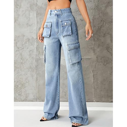 High Rise Cargo Jeans for Women Teen Girl Wide Leg Y2k Boyfriend Jeans Casual Straight Leg Denim Pants with Pocket4