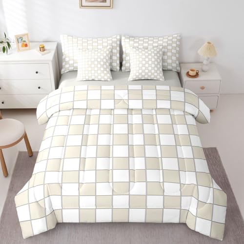 Image of Erosebridal Plaid King Comforter Set with Sheets 7 Piece Beige White Checkerboard Bed in A Bag Geometric Checkered Bedding Sets for Kids Adults,Aesthetic Grids Bed Set