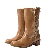 OMLISHZTY Mid Calf Boots for Women Wide Lace up Chunky Blcok Low Heel Booties Comfortable Round Toe Retro Fall Winter Boot