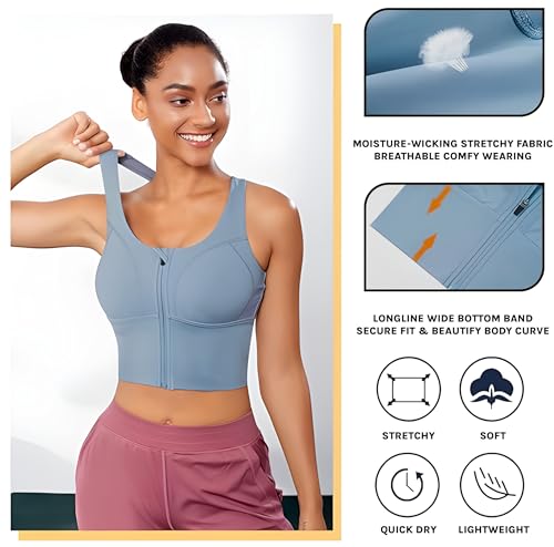 Image of Fabluk Women's Medium Impact Front Zip Sports Bra - Longline Fitness Crop Top with Criss-Cross Back, Wire-Free Yoga & Workout Tank, Sizes M-2XL