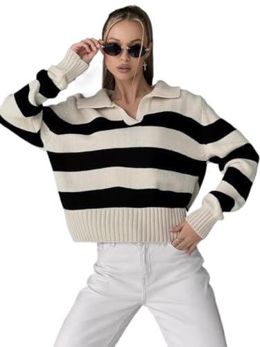 Polo V-Neck Knit Sweater Striped Color Block Loose Long Sleeve Top Casual Fashion Pullover Sweaters for Women