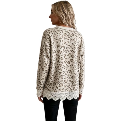 Leopard Sweatshirt for Women, Crewneck Long Sleeve Pullover with Lace Trim - image 2
