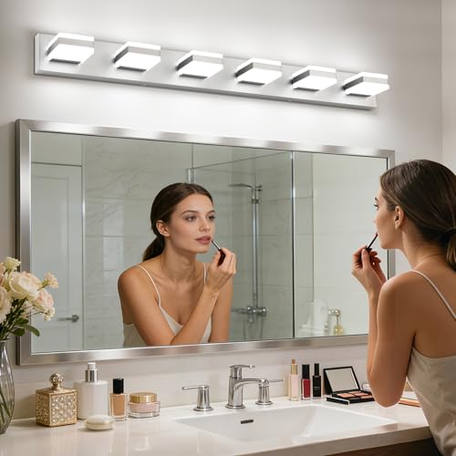 Image of SOLFART Bathroom Light Fixtures, 5 Color Temperature Modern Vanity Lights, Brushed Nickel 6 Lights LED Lighting Light Color Adjustable 5CCT