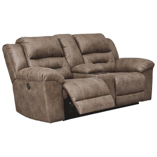 Image of Signature Design by Ashley Stoneland Faux Leather Power Double Reclining Loveseat with Center Console, Light Brown