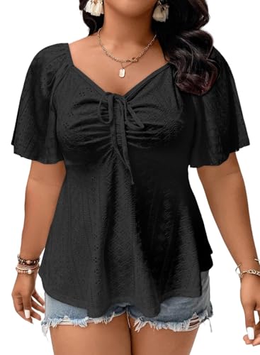 Eytino Womens Plus Size Tops Sweetheart Neck Short Sleeve Eyelet Embroidery Summer Loose Peplum Shirts(1X-5X)