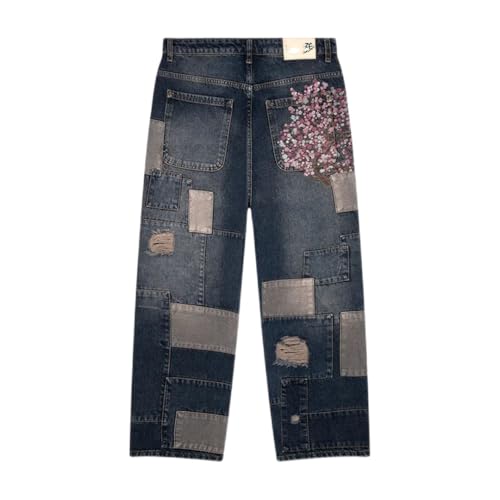 Men Retro Blossom Embroidery Splicing Design Loose Wide Leg Jeans