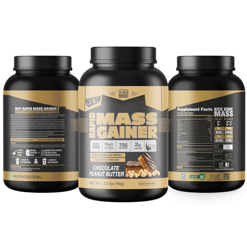 Image of M B Muscle Builder's Rapid Mass Gainer & Weight Gainer, High Calorie Weight Gainer Protein Powder with Creatine Monohydrate | Optimum Lean Muscle Growth [1 Kg / 2.2 lb, Chocolate Peanut Butter]
