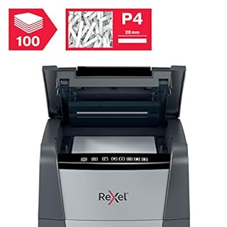 REXEL Optimum Auto Feed+ 100X, Distruggidocumenti Automatico, 100-110 Fogli (80-70 gr/mq), Taglio a frammento, Livello di Sicurezza P-4, per la Casa e per l’Ufficio, Capacità 34 Litri, 2020100XEU