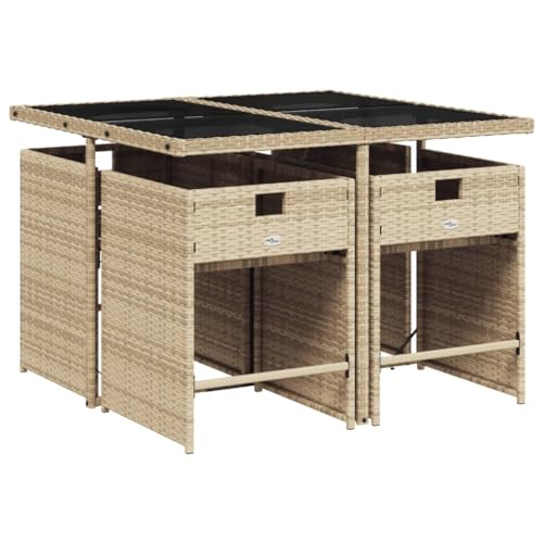 Image of 5-Piece Patio Dining Set with 4 Beige PE Rattan Chairs, Medium Collapsible Design, UV-Resistant Poly Rattan and Powder-Coated Steel Frame, Removable Cushion Covers, Foldable