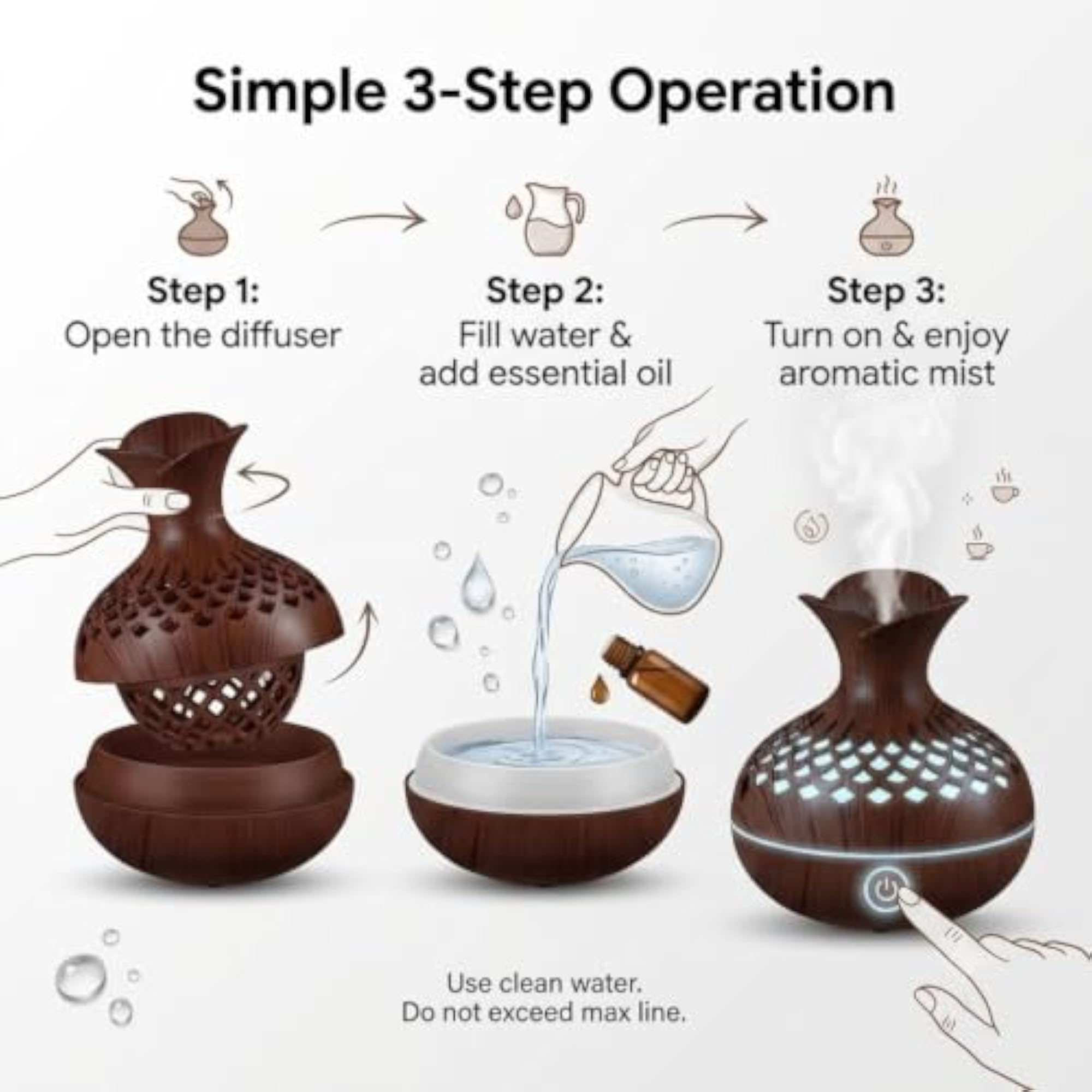 Vase Shape Essential Oil Diffuser Humidifier, Decorative Wood Grain