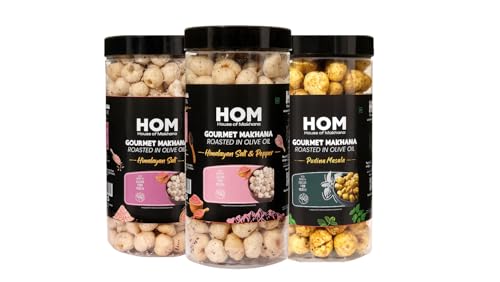 Image of H O M House Of Makhana 195g Pudina, Himalayan Salt and Pepper And Himalayan Salt Gourmet Makhana Jar Roasted in Olive Oil, Flavored Makhana Pack of 3 (65gX3)