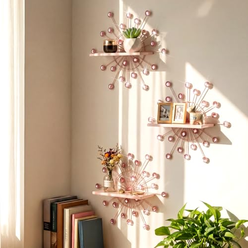 Image of Yaocom 3 Pcs Bling Crystal Floating Shelves Metal Starbursts Wall Decor Folding Shelf Pink Corner Shelves Hanging Wall Mounted for Storage Bedroom Bathroom Living Room Kitchen Office Home Decoration