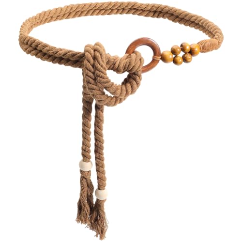 CRASPIRE Bohemian Woven Belt Boho Women Belt Brown Handmade Tassel Cotton Weaving Knotted Macrame Braided Bead Ring Apparel Decorative Long Waist Wrap Skinny Chain for Women Lady Dress Cloth Skirt