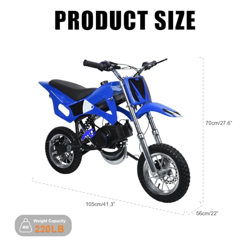 Image of Kids Dirt Bike, 50cc / Gas Powered Dirt Bike for Kids 8-14, 2-Stroke Mini Dirt Bike, Pull Start Off-Road Motorcycle, 10-Inch Tires, Disc Brakes, 25 MPH, 330 lb Max Load (Bright Blue)