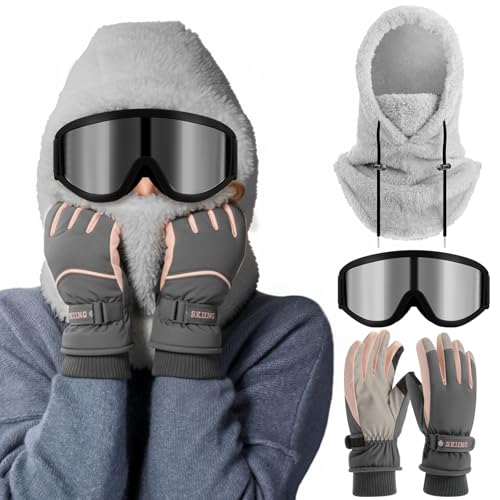 Jamntower 3 Pcs Winter Ski Full Face Neck Mask Gloves Goggles Set Breathable Warmer Touchscreen Women Men Riding(Gray)