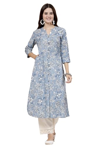 Image of Pistaa's Women's Cotton Regular Fit A Line Floral Print A-Line Regular Kurta