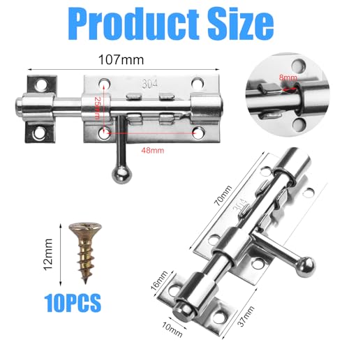 Xyvor Pestillo de Puerta de Acero Inoxidable 304,107×35mm Pestillos para Puertas con 10 Tornillos,Pasador Puerta con Agujero para Candado,Cerrojo Puerta Interior para Armarios,Jardín,Garaje(Plateado) - imagen 2