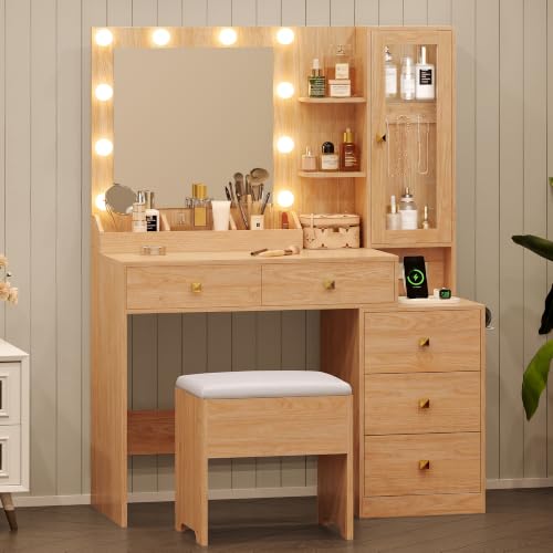 Image of HUANLEGO Vanity Desk with Mirror and Lights & LED Glass Cabinet, Oak