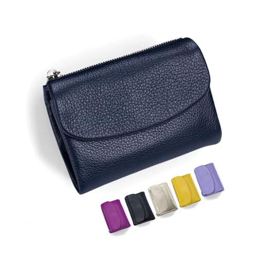 Unisex Pebble Leather Wallet for Women - Large Capacity Bifold Zipper Wallet with ID Window, Credit Card Holder & Coin Purse | Slim Compact Small Wallet for Organizing Cards (Dark Blue)