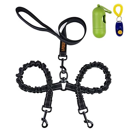 Dual Dog Leash, Double Dog Leash,360° Swivel No Tangle Double Dog Walking & Training Leash, Comfortable Shock Absorbing Reflective Bungee for Two Dogs with waste bag dispenser and dog training clicker