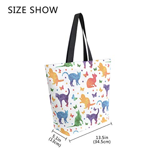ALAZA Large Canvas Tote Bag Rainbow Cute Cat Butterflies Polka Dot Shopping Shoulder Handbag with Small Zippered Pocket4