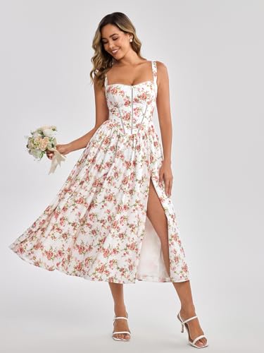 Image of KUTUMAI Floral Corset Midi Dress Flowy Slit Summer Spring Wedding Guest Dresses for Women Sundress with Pockets