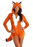 Women's Fierce Fox Costume Romper - Hooded Plush Romper with Tail - Halloween Animal Cosplay Outfit M