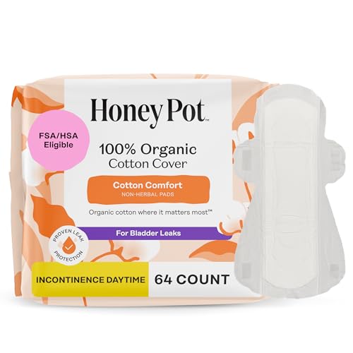 Image of The Honey Pot Company - Cotton Comfort - Daytime Incontinence Pads w /Wings | Organic Cotton Cover - Bladder Leak Control - No Fragrance, Ultra-Absorbent Pulp Core - Feminine Care - 64ct