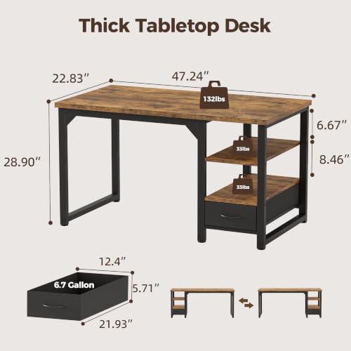 Image of Mericonia 48 in Computer Desk with Drawer, 1 inch Thick Reversible Office Desk | Modern Writing Table with Storage Shelves, Heavy Duty Industrial Study Desk for Home Bedroom Work