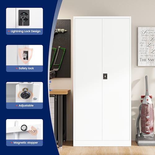 Image of Yizosh Metal Garage Storage Cabinet with Lock, 72 inch Locking Tool Cabinet with 2 Doors and 4 Shelves, Tall Steel Cabinet for Garage, Heavy Duty File Cabinet for Office, School (White)