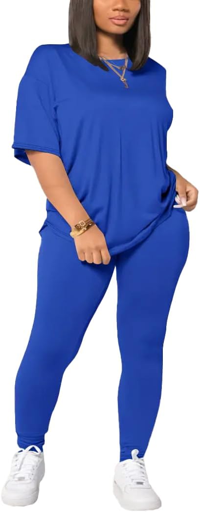 Women's Plus Size 2 Piece Outfits Summer Sweatsuits Drop Shoulder Tracksuits Biker Short Workout Jogger Sets Royal Blue-1XL - Image 2