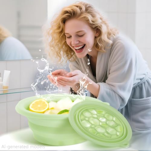 Image of coobest Face Bowl for Ice with Built-in Icetray, Silicone Ice Facial Folding Washbasin, Facial Plunge Bowl, Face Icebath at Home (Green)