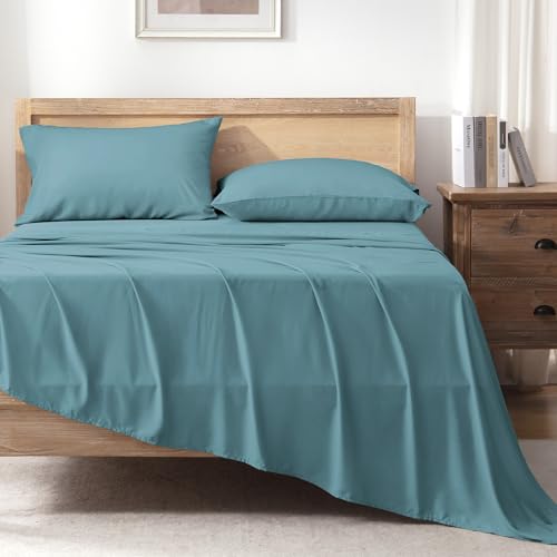 Image of Andency Grayish Teal Queen Sheets Set 100% Viscose Derived from Bamboo | Cooling Summer Sheets, Deep Pocket Up to 16 inch, Silky Soft Hotel Luxury Breathable Bedding Sheets & Pillowcases