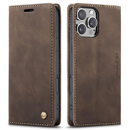 Étui coque pour iPhone 16 Pro Max QLTYPRI portefeuille en cuir PU vintage café