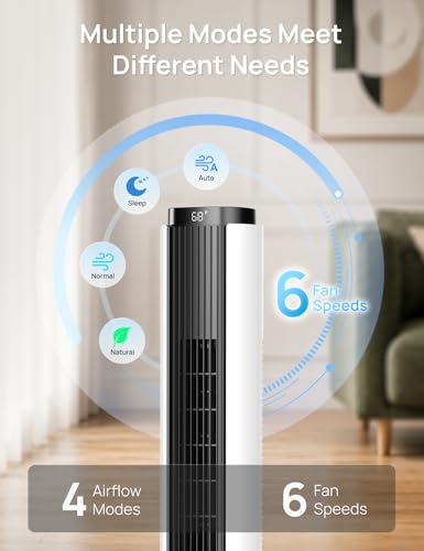 Image of ZAFRO Tower Fan for Bedroom, 37'' Bladeless Fans with 4 Modes 6 Speeds, 26 ft /s Velocity, 28dB Quiet for Sleep, LED Touchpad & 12H Timer, 90 Oscillating Floor Fans that Blow Air, Black+White