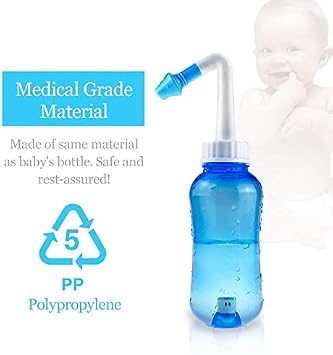 Waterpulse Neti Pot Sinus Rinse Kit, 300ml Blue Bottle with 30 Salt Packets | BPA-free 300ml gravity neti pot set with 30 packets. Features bottom valve, temperature sticker, and adult/child nozzles.