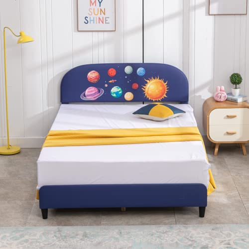 Cuoote Twin Size Bed Frames For Kids, Faux Leather Upholstered Twin Bed Platform W/Slat Support, Kids Twin Bed Frame, No Box Spring Needed, Blue Wooden Bed For Boys & Girls, Planet Space Design #TOP2