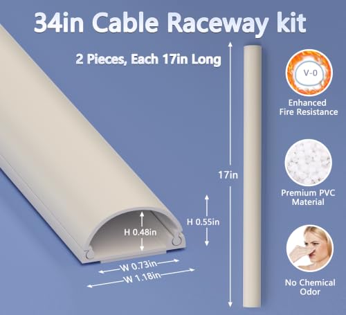 Image of ZhiYo 34in Cord Hider for 2-3 Wall-Mounted TV Wires, 1.2 inchW x 0.55 inchH, Beige