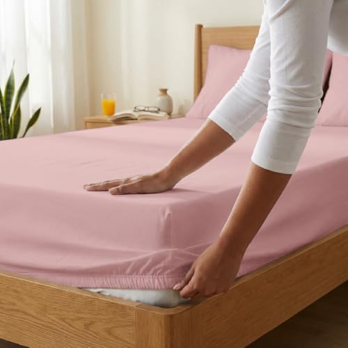 Image of Blue Dahlia 100% Cotton, King Size /Double, Elastic Fitted Bedsheet (72 inchx78 inch) + 2 Pillow Covers, Percale Weave, Fits Upto 10 inch Mattress, 200TC Solid Premium Bedsheet, Colour: Soft Pink