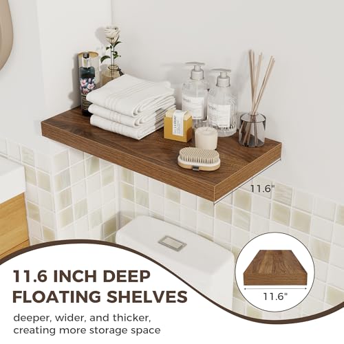 Image of Fun Memories 24 x 12 Inch Deep Floating Shelves, 12 Inch Deep Rustic Wooden Book Shelf, Extra Deeper & Thicker Hanging Shelves for Living Room, Bathroom, Bedroom, Kitchen, Office, Set of 2 (Walnut)