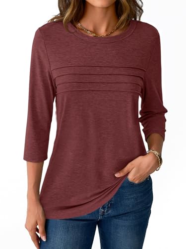 NORACORA Womens 3/4 Sleeve Tops Spring Summer Round Neck Dressy Shirts Tunic Pleated Tees Business Casual T-Shirts Fall Goning Out Outfits Wine Red M — view 4