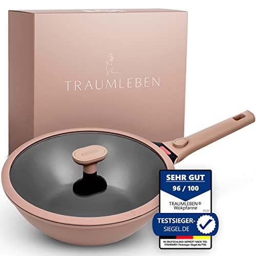 TRAUMLEBEN Wokpfanne mit Deckel 28 cm [abnehmbaren Griffe & Antihaftbeschichtung] PFOA-frei, für...