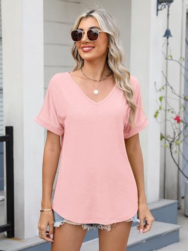 EADINVE Womens V Neck Rolled Sleeve T Shirts Curved Hem Short Sleeve Tops Summer Trendy Tees Loose Fit Tunic Shirts 20254