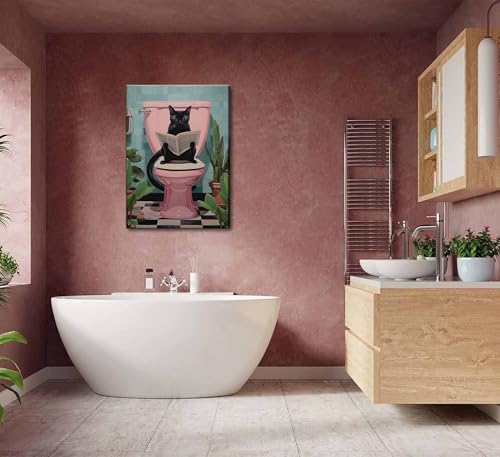 Sxhanjxt Funny Bathroom Cat Canvas Wall Art Black Cat Sitting On Toilet Reading Newspaper Painting Picture Wall Decor Poster Print Artwork For Toilet Lavatory Home Decoration thumb #4
